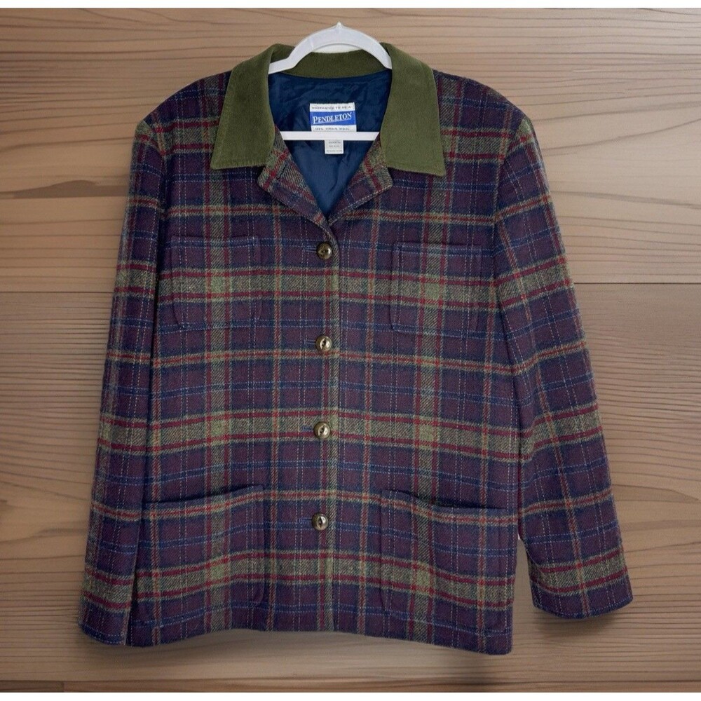 Vtg 2000s PENDLETON Blazer Jacket Preppy Green Plaid Virgin Wool Sz 16 4 Pocket